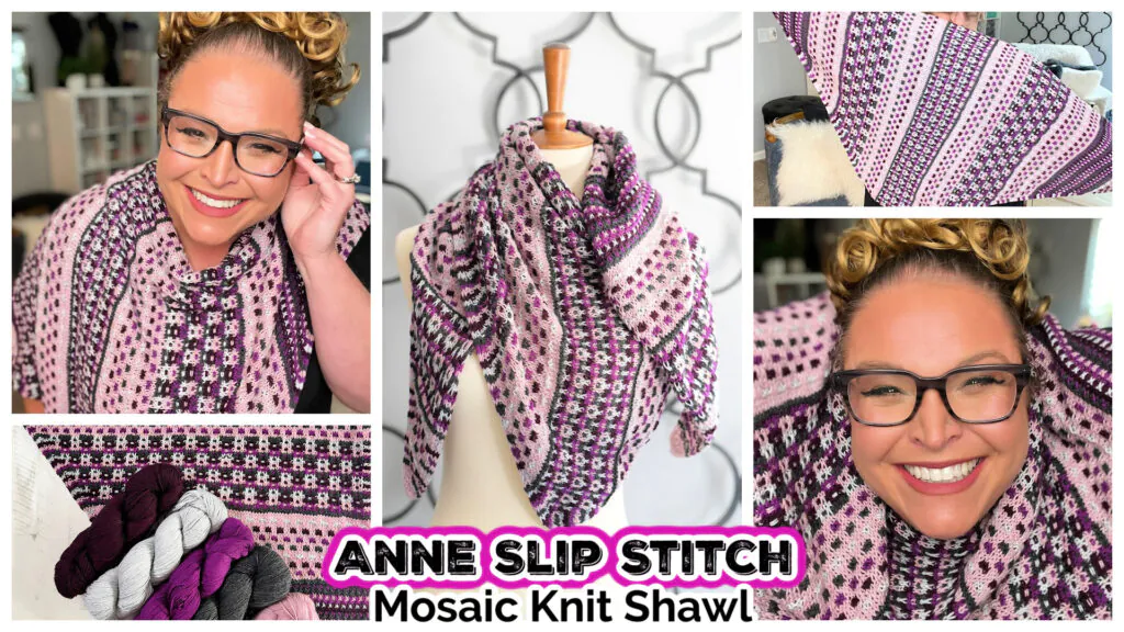 Woman models a pink, purple, and white slip stitch mosaic knit shawl; close-ups show the detailed pattern and texture.