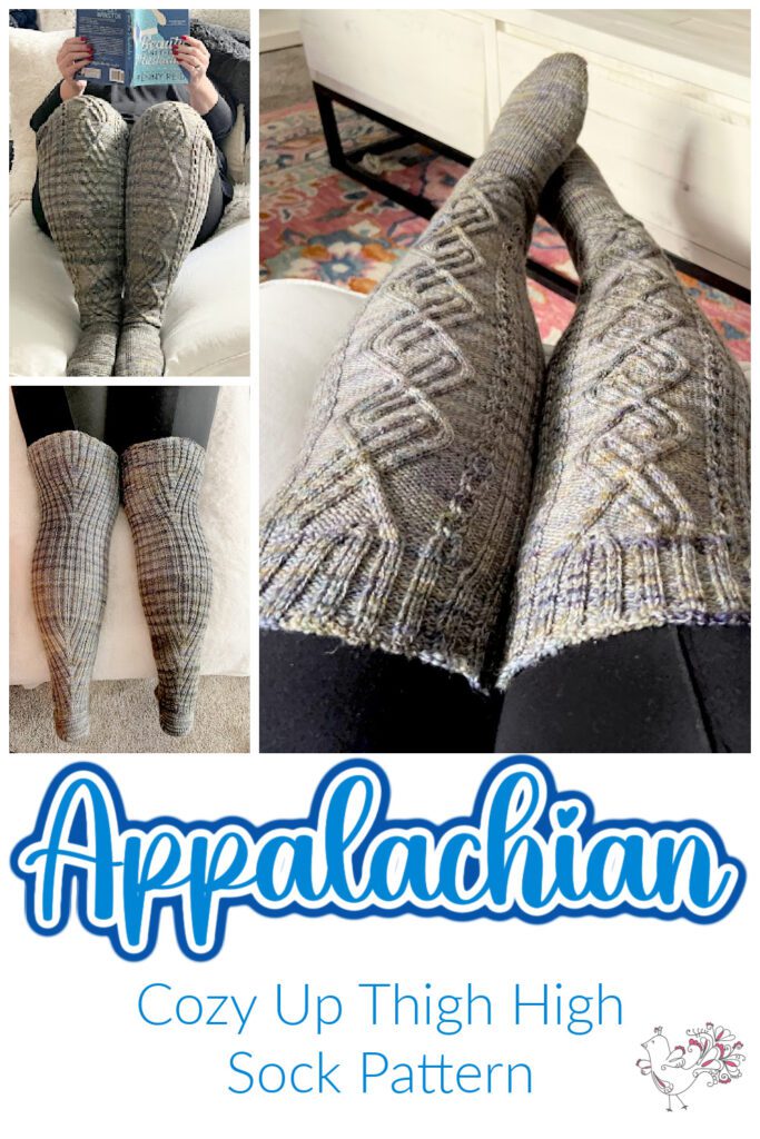 A collage featuring thigh-high knitted socks with intricate patterns. The top left shows someone reading while wearing the socks. The bottom left displays the socks laid flat. The main right image is a close-up of the sock details. Text reads "Appalachian Cozy Up Thigh High Sock Pattern. -Marly Bird