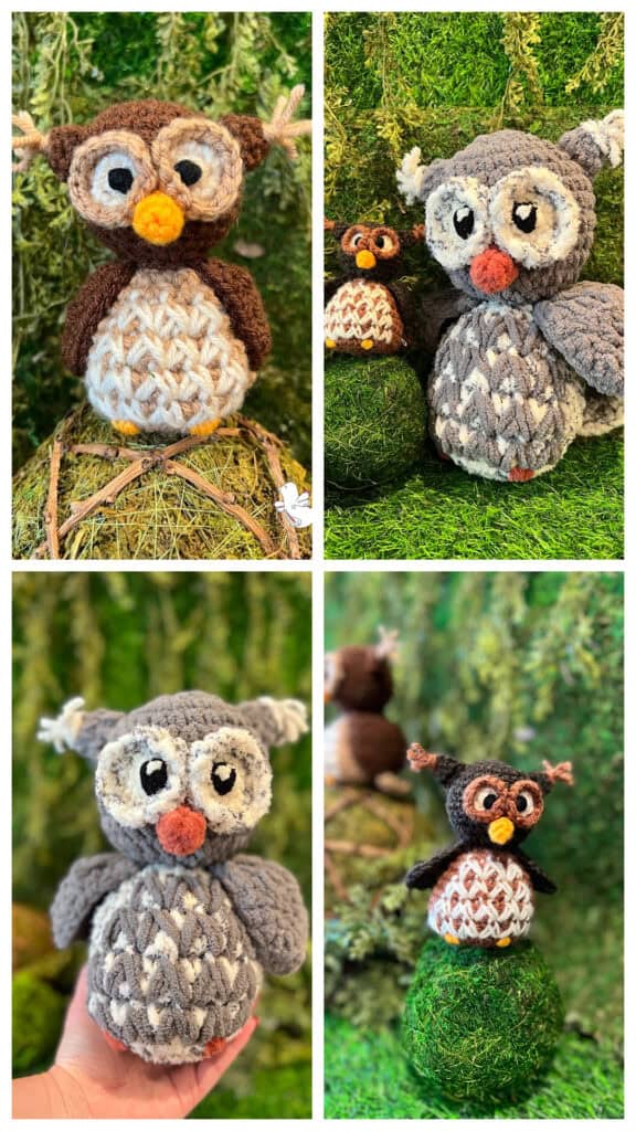 Four images of crochet owls on a green background. Each owl features large eyes and is made with mixed yarns in shades of brown, gray, and white, showcasing unique textures and patterns in a woodland setting. -Marly Bird