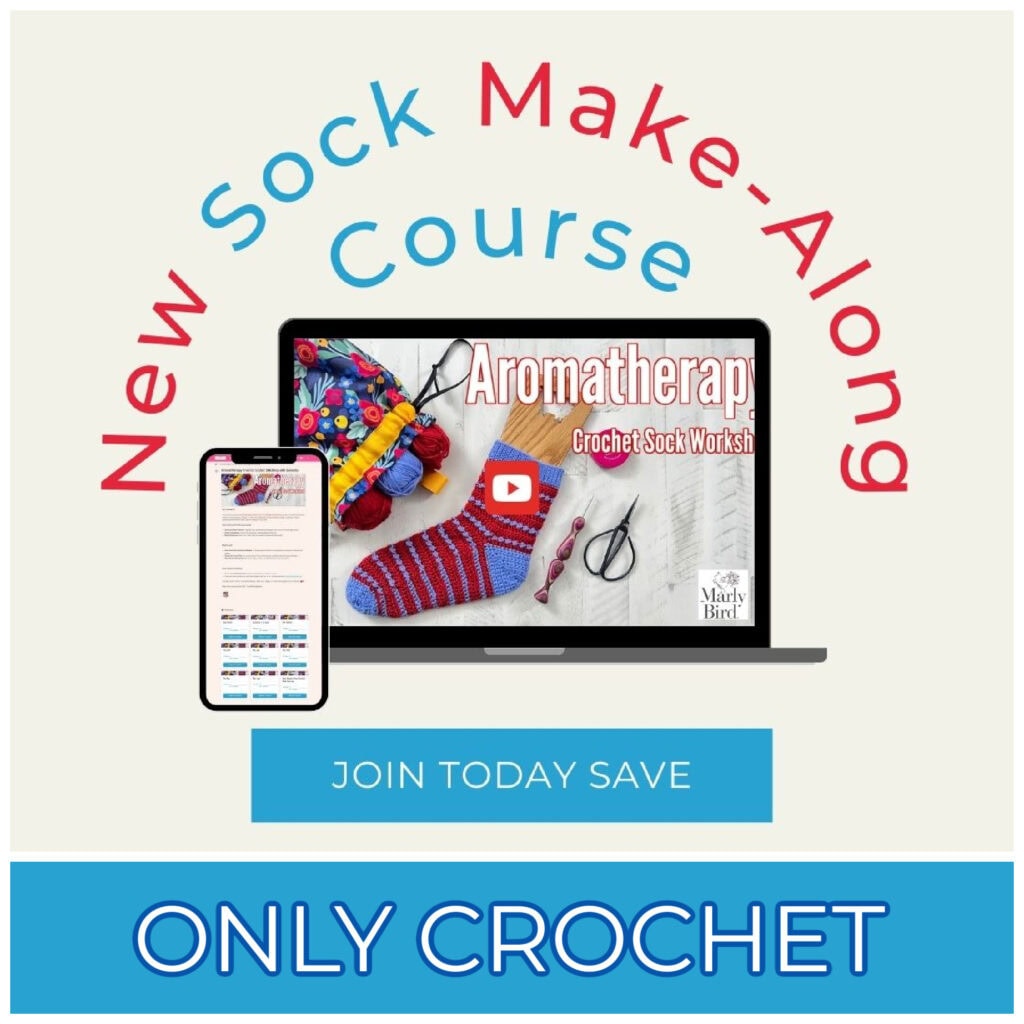 Promotional image for an online crochet course. It shows a laptop and smartphone displaying colorful crochet socks. Text reads: "2024 Sock Make-Along Course" and "Aromatherapy Crochet Sock Workshop." Treat Your Feet—Join Today & Save with Only Crochet!. -Marly Bird