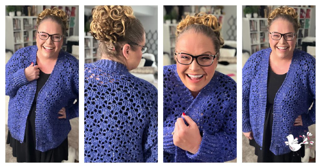 A four-panel collage of Marly Bird beaming with joy in a cobalt blue crochet lace cardigan, showing different angles including front, back, and side views, with close-ups highlighting the cardigan's intricate lace pattern and cozy fit. One piece sweater.