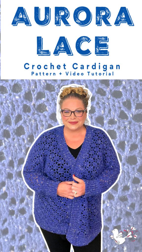 Aurora Lace Crochet Cardigan pattern and video tutorial in text at the top, Marly Bird models the crochet pattern in cobalt blue color with her hands held in front of her. 