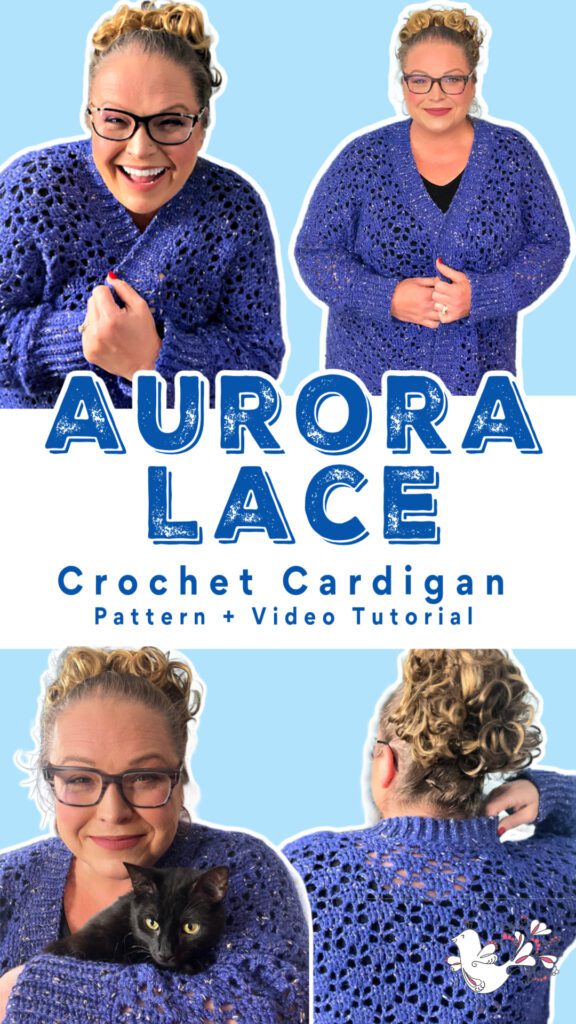 A collage of Marly Bird showcasing the cobalt blue Aurora Lace Crochet Cardigan with different poses, including a heartwarming one holding a black cat, against a bright blue background with text highlighting the pattern and video tutorial. One piece sweater.