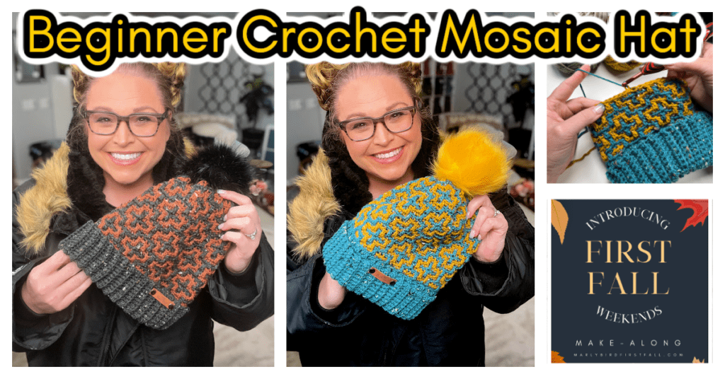 A person smiling and holding handmade crochet hats with mosaic patterns, set against cozy room decor. Text on the image reads "Beginner Crochet Mosaic Hat" and "Introducing First Fall Weekends Make-Along." Discover free patterns and mosaic crochet tips for your creative journey! -Marly Bird