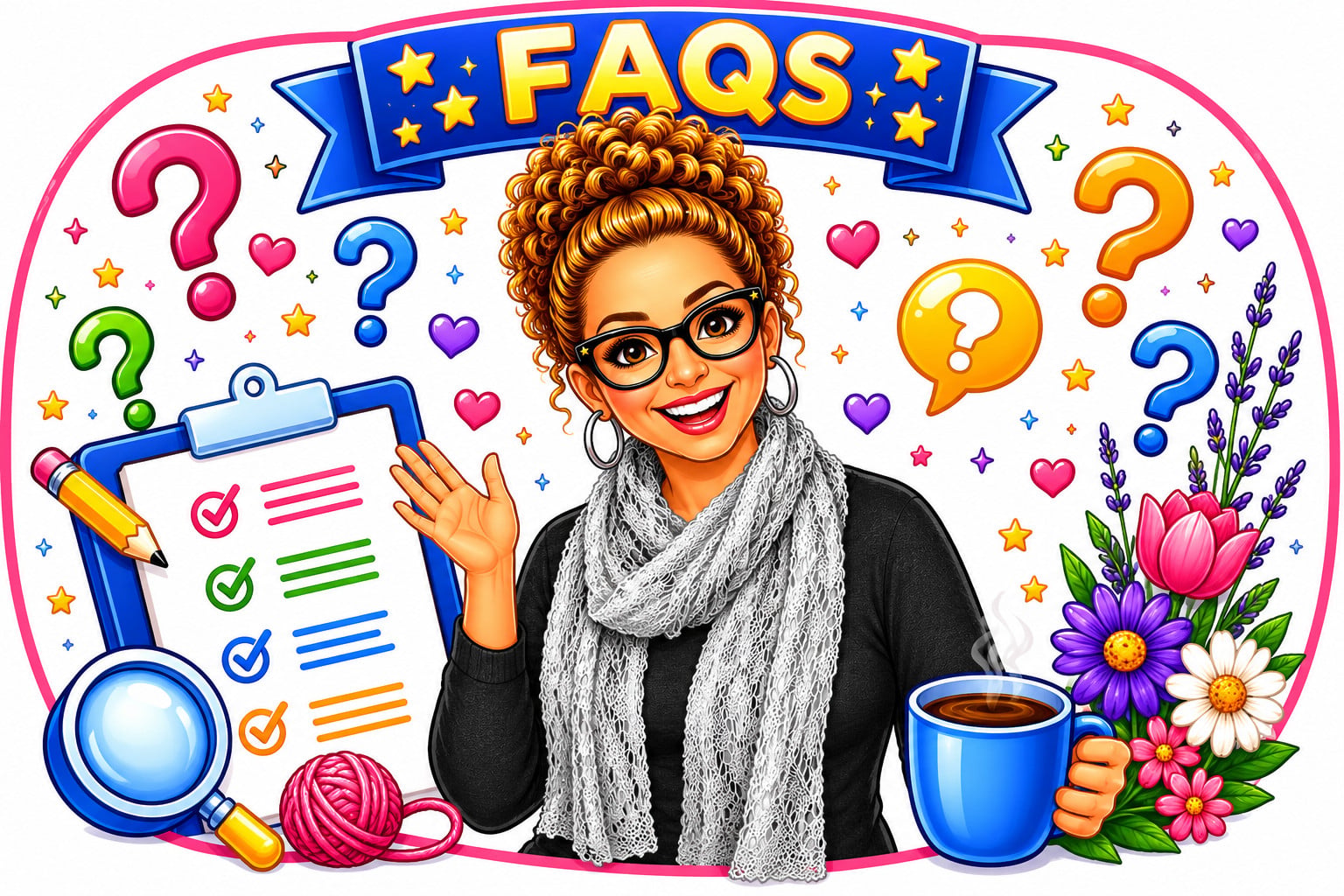 Smiling woman with curly hair and glasses holds a coffee mug, waving amid craft icons, flowers, yarn ball, and pencil.