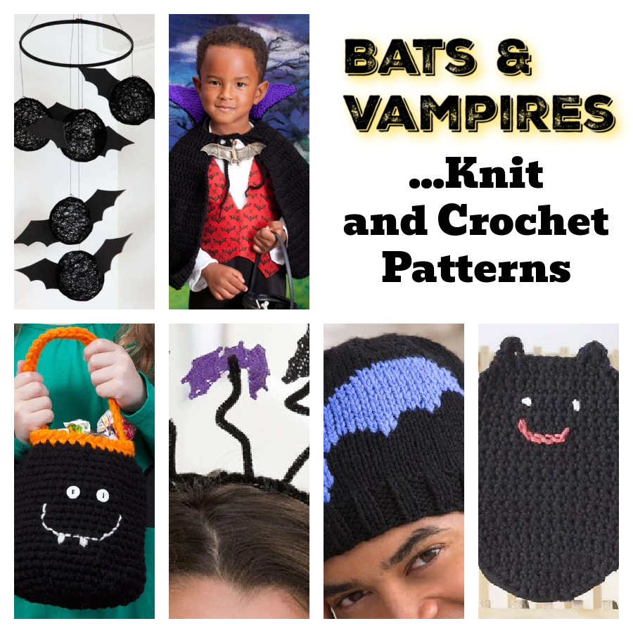 6 images of knit and crochet bat items: mobile, cape, bag, hairband, hat, cloth.