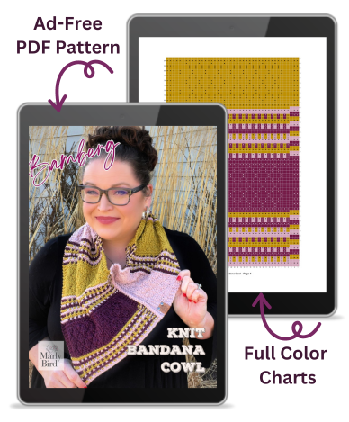 Promotional graphic for the Bamberg Bandana Knit Cowl PDF pattern. The image features an iPad displaying Marly Bird holding the cowl, with text reading 'Ad-Free PDF Pattern.' Beside it, another tablet screen shows full-color charts for the cowl pattern. Arrows point to the key features 'PDF Pattern' and 'Full Color Charts' to highlight the content of the purchase.