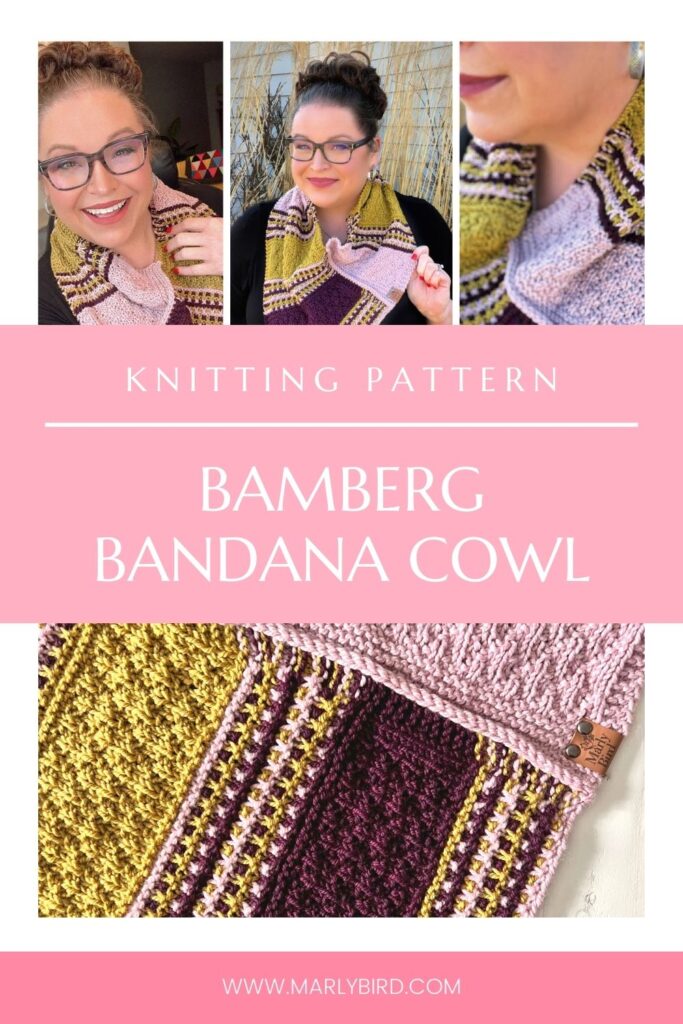 Promotional Pinterest graphic for the 'Bamberg Bandana Cowl' knitting pattern by Marly Bird. The image features three separate pictures of Marly modeling the cowl in yellow and purple hues, alongside a close-up of the cowl's textured stitch patterns. The central pink banner states 'Knitting Pattern - Bamberg Bandana Cowl' with the website 'www.marlybird.com' at the bottom.
