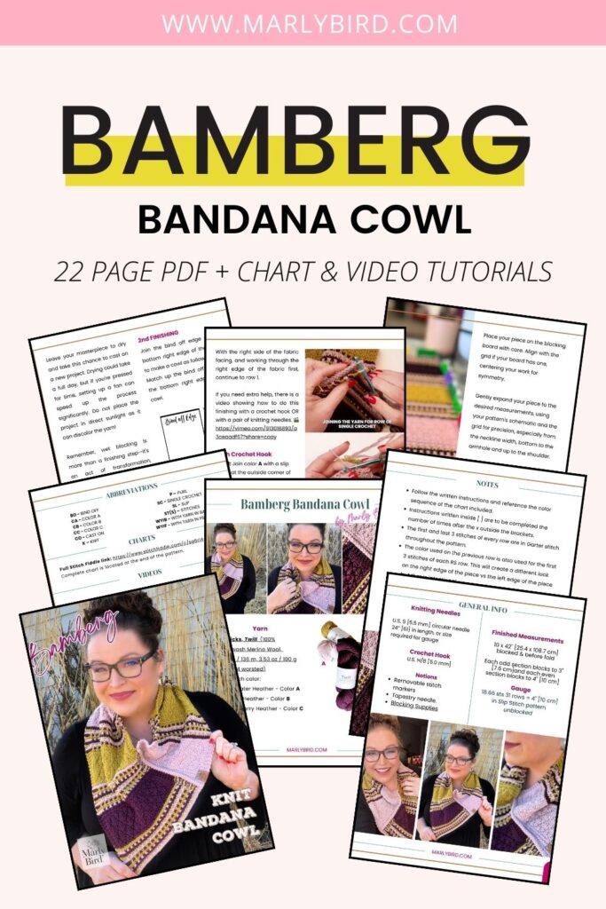Promotional collage for the Bamberg Bandana Cowl knitting pattern available at www.marlybird.com. The image features the text 'BAMBERG BANDANA COWL' prominently displayed at the top, followed by '22 PAGE PDF + CHART & VIDEO TUTORIALS.' Below, there are multiple snapshots of the PDF pattern pages, showcasing detailed instructions, charts, and photos of Marly Bird wearing the completed cowl. The layout is designed to highlight the comprehensive nature of the pattern and the resources provided for knitters.
