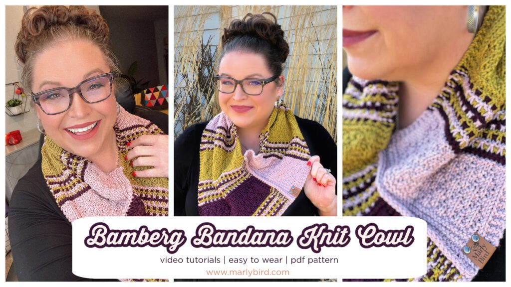 Promotional image for the Bamberg Bandana Knit Cowl featuring Marly Bird. Three photos display Marly smiling and modeling the cowl, which showcases rich textures and colorwork in shades of yellow, purple, and pink. She stands outdoors with tall grass in the background. The image includes text overlays that read 'Bamberg Bandana Knit Cowl,' 'video tutorials,' 'easy to wear,' 'pdf pattern,' and 'www.marlybird.com.
