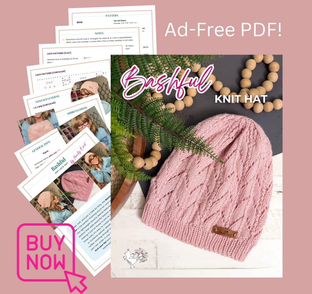 Bashful Knit Lace Hat ad-free PDF pattern — available on Etsy, Shopify, and Ravelry