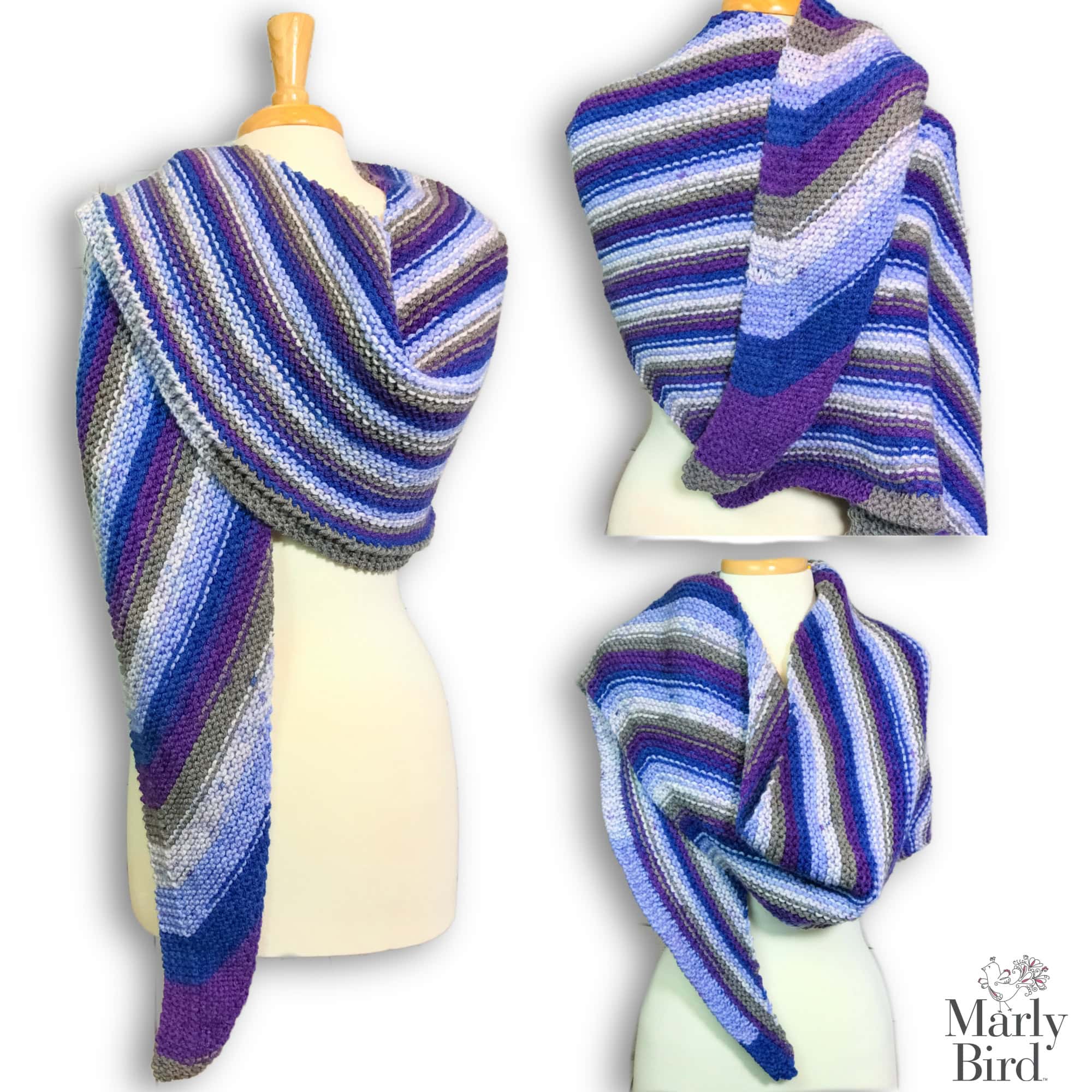 Beginner Garter stitch bias knit shawl stripes in blue, purple, white, gray, and brown shown on a mannequin from three angles.