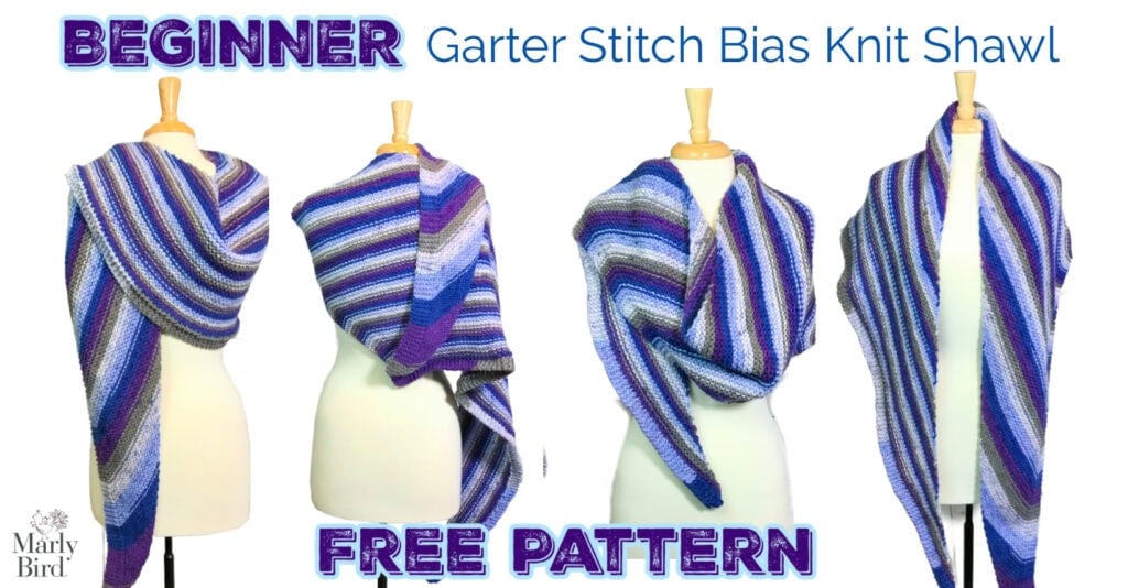 Four mannequins model a beginner garter stitch bias knit shawl in blue, purple, and white, each showcasing different drape styles.