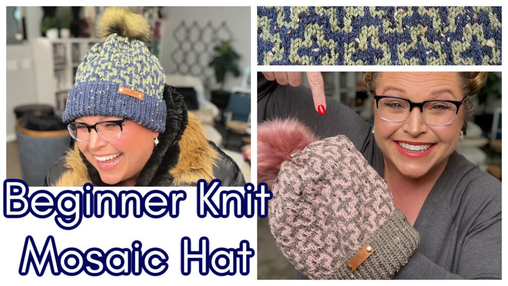 A woman wearing glasses smiles while holding a knit hat with a pom-pom. The text reads "Beginner Knit Mosaic Hat, Free Pattern Included." A close-up shows the hat's intricate pattern. The background features a blurred indoor setting, adding warmth to the scene. -Marly Bird