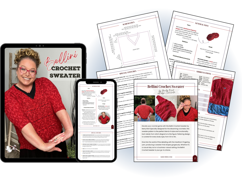 A promotional image features a woman wearing a stunning red Bellini Crochet Sweater, smiling and posing next to a tablet and smartphone displaying the pattern. Several detailed crochet pattern sheets surround the devices, showcasing intricate instructions and diagrams. -Marly Bird