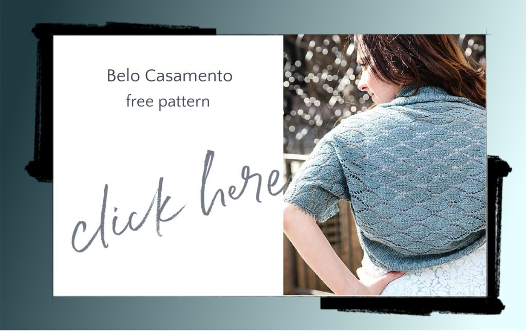 Belo Casamento Lace Knit Shrug Pattern Click Here Image. The back of the shawl displayed on the model. 