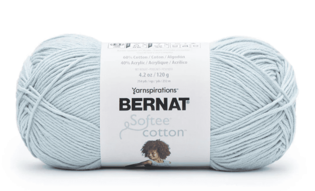 Bernat Softee Cotton yarn in Dusk Sky — 60% cotton 40% acrylic CYCA 3 light worsted blend used for the Solomon's Knot Crochet Tee free pattern