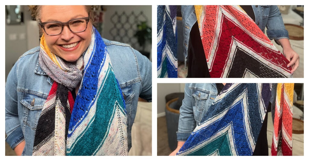 A smiling person wearing glasses and a multicolored knit shawl with bold stripes of red, blue, yellow, black, white, and teal—perfect for bicrafty champions—shown in close-ups highlighting the shawl’s vibrant patterns. -Marly Bird