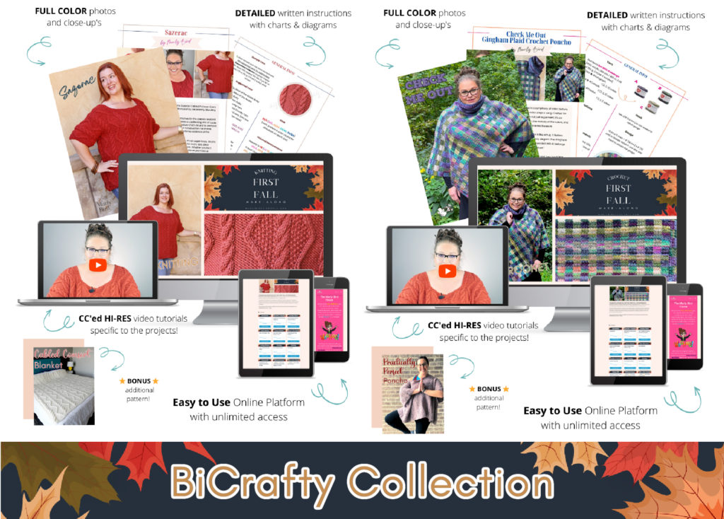 Collage showcasing BiCrafty Collection for Marly Bird First Fall Make-Along 2023 event. Features Marly Bird in various knit and crochet designs, including a red sweater and colorful poncho. Displayed alongside are pattern details, video tutorial icons on laptops and tablets, and a logo of falling autumn leaves with the text 'BiCrafty Collection' at the bottom.