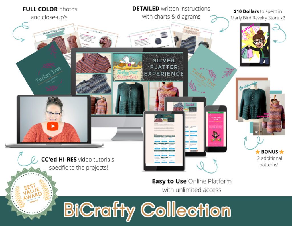 Promotional graphic for the BiCrafty Collection of the Turkey Trot event, featuring an array of offerings. The collage includes full-color photos and close-ups of knit and crochet sweaters, detailed written instructions with charts and diagrams, and $10 vouchers for the Marly Bird Ravelry Store. A central image of Marly Bird in a video tutorial, with captions indicating closed-captioned, high-resolution video content specific to the projects. Additional perks highlighted are easy-to-use online platform access and bonus patterns, all underscored by a 'Best Value Award' badge, emphasizing the comprehensive and valuable nature of the collection.