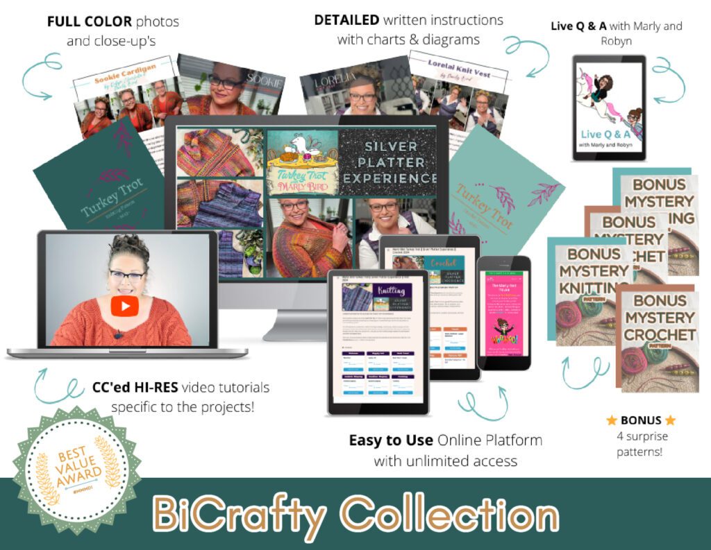 Collage featuring various elements of the BiCrafty Collection, including video tutorials, written instructions, and a live Q&A. Highlights colorful photos, an online platform, and bonus patterns, with emphasis on crochet and knitting projects. -Marly Bird