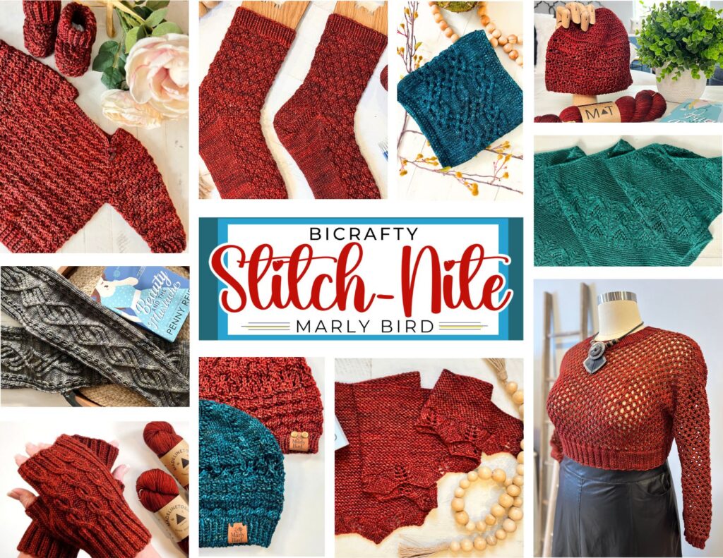 A collage of various knitted items including socks, mittens, hats, a sweater, and cabled accessories in red, blue, and green yarns. The center features the text "Bicrafty Stitch-Nite Marly Bird" in colorful lettering on a white background. Flowers and knitting tools are also visible. -Marly Bird