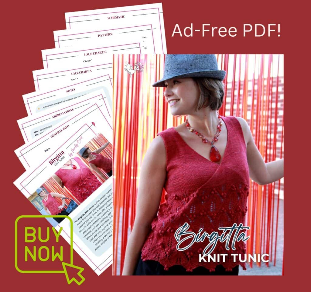 A woman in a red tunic and gray hat poses before red curtains. On the left, pages of the Marly Bird Knit Tunic Pattern are fanned out. Text reads: “Ad-Free PDF!” and “Buy Now.” Pattern title: “Birgitta Knit Tunic.”. -Marly Bird