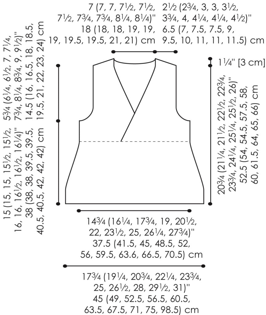 A technical line drawing of a sleeveless wrap top, similar to a crochet cardigan, with measurements for various sizes in centimeters and inches, including bust, length, armhole depth, shoulder, and neckline placement. -Marly Bird