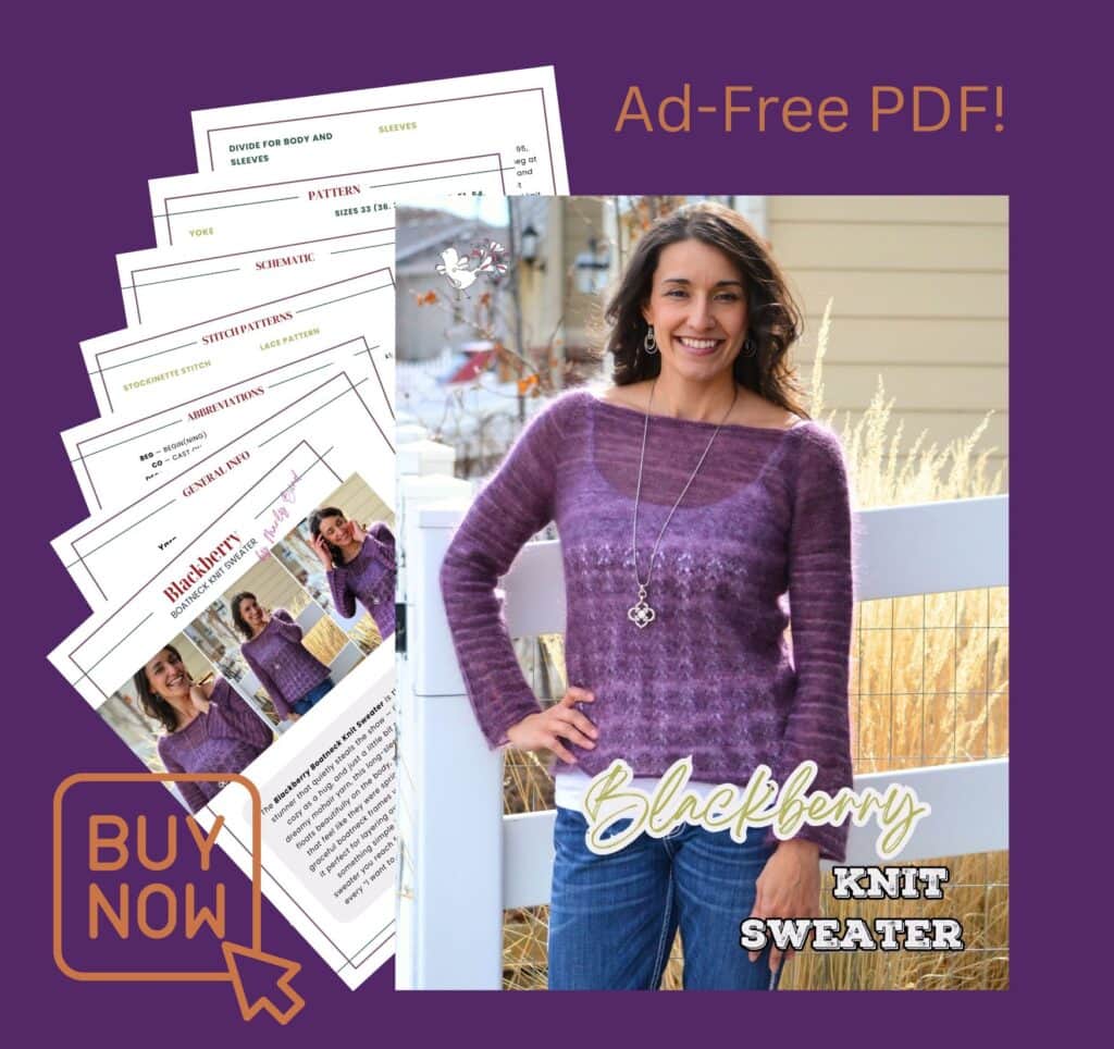 A woman in a purple knit sweater stands by a white fence, smiling. Text promotes an ad-free PDF Boatneck Knit Raglan Sweater Pattern called "Blackberry Knit Sweater," with "Buy Now" and sample pattern pages shown. -Marly Bird