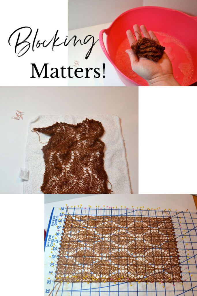 3 images of knit lace swatch in brown yarn. Top: lace swatch scrunched in hand over red bowl of water, Middle: wrinkled swatch laid on white towel. Bottom: swatch pinned out on board so diamond lace pattern is clearly visible.