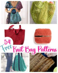 A collage featuring six diverse knit bags in various colors and styles, with a central text overlay that reads "54 free knit bag patterns." each bag showcases a unique knitting pattern and texture.