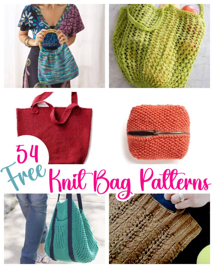 A collage featuring six diverse knit bags in various colors and styles, with a central text overlay that reads "54 free knit bag patterns." each bag showcases a unique knitting pattern and texture.