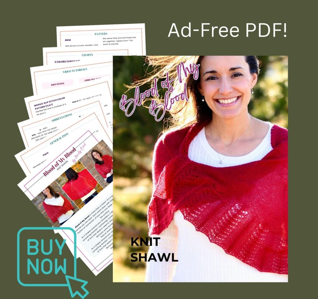 Woman models a vivid red Outlander-inspired knit shawl with intricate stitchwork, next to printed pattern pages.