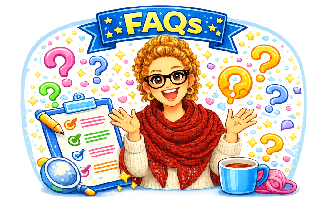 A smiling person models an Outlander knit shawl, showing textured stitches, in front of a “FAQs” banner and craft-themed icons.