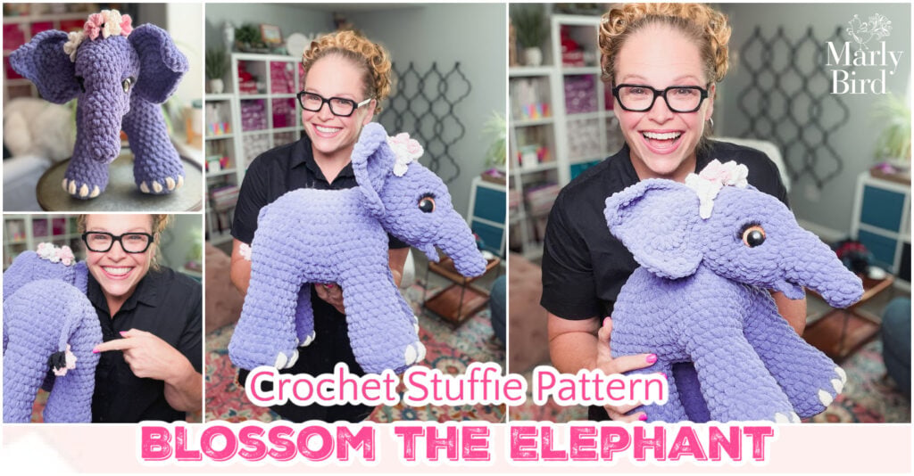 A woman holds a large, purple crocheted elephant plush. Close-ups show textured stitches and Blossom the Elephant's features.