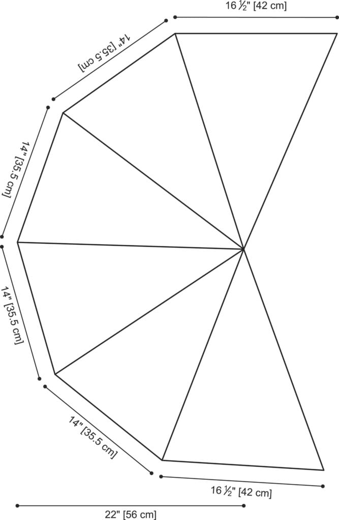 Crochet shawl diagram with bluebonnet shape, labeled sides, and lines showing triangular lace sections for shaping.