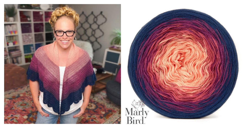 Bluebonnet Crochet Lace Shawl shown in a soft orange to blue gradient cake yarn — the alternaive colorway to original sample- Hobbii Azalea lace yarn cake