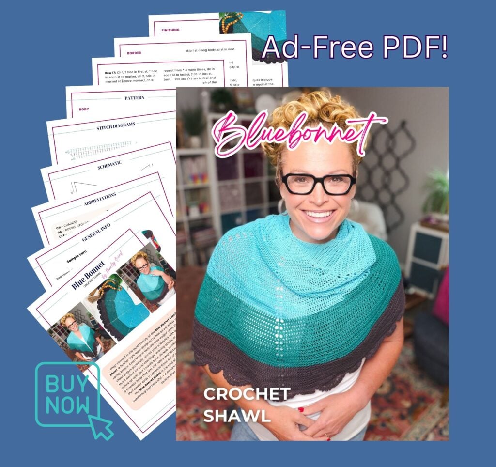Person models a blue crochet lace shawl in a cozy room; "Bluebonnet Crochet Shawl" pattern pages are visible behind them.