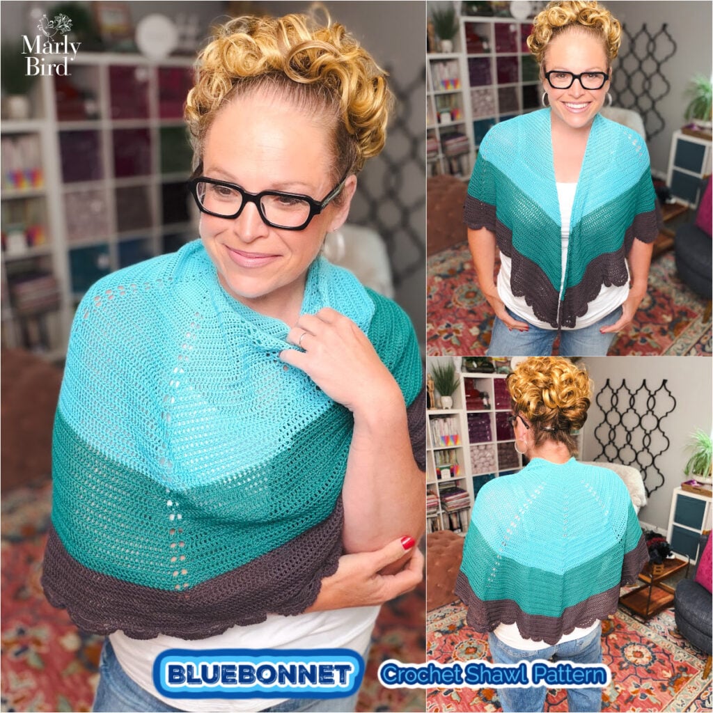 Blue and gray striped crochet lace shawl shown worn in three ways; close-up highlights stitch detail and drape.