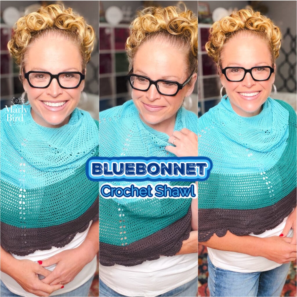 A person models a lacy blue crochet shawl, shown in three poses to display its intricate stitchwork and drape.