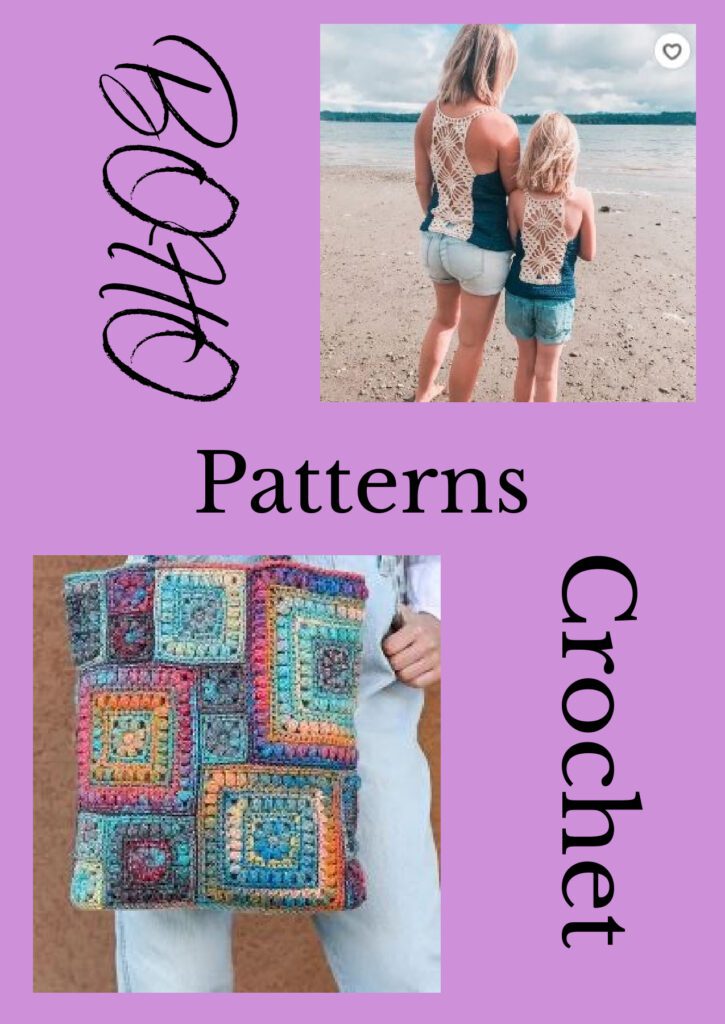 Boho crochet tank pattern top right - lacy back panel, solid front. Lace panel in cream, solid in blue. Mom and daughter on sandy beach facing the water.
Bottom left: multi-color crochet motif bag help by someone wearing a denim shirt and bleached jeans.