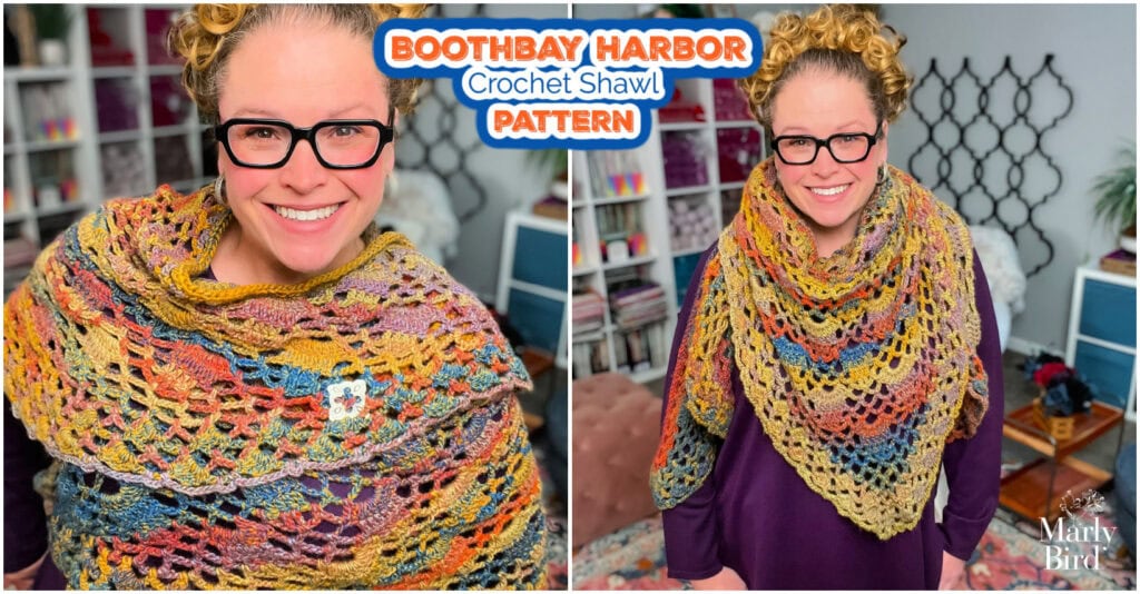 A smiling woman with glasses wears a colorful, textured crochet shawl. She poses in a cozy room filled with yarn and decor. Text reads: "Boothbay Harbor Shawl by Marly Bird—Free Crochet Shawl Pattern. -Marly Bird