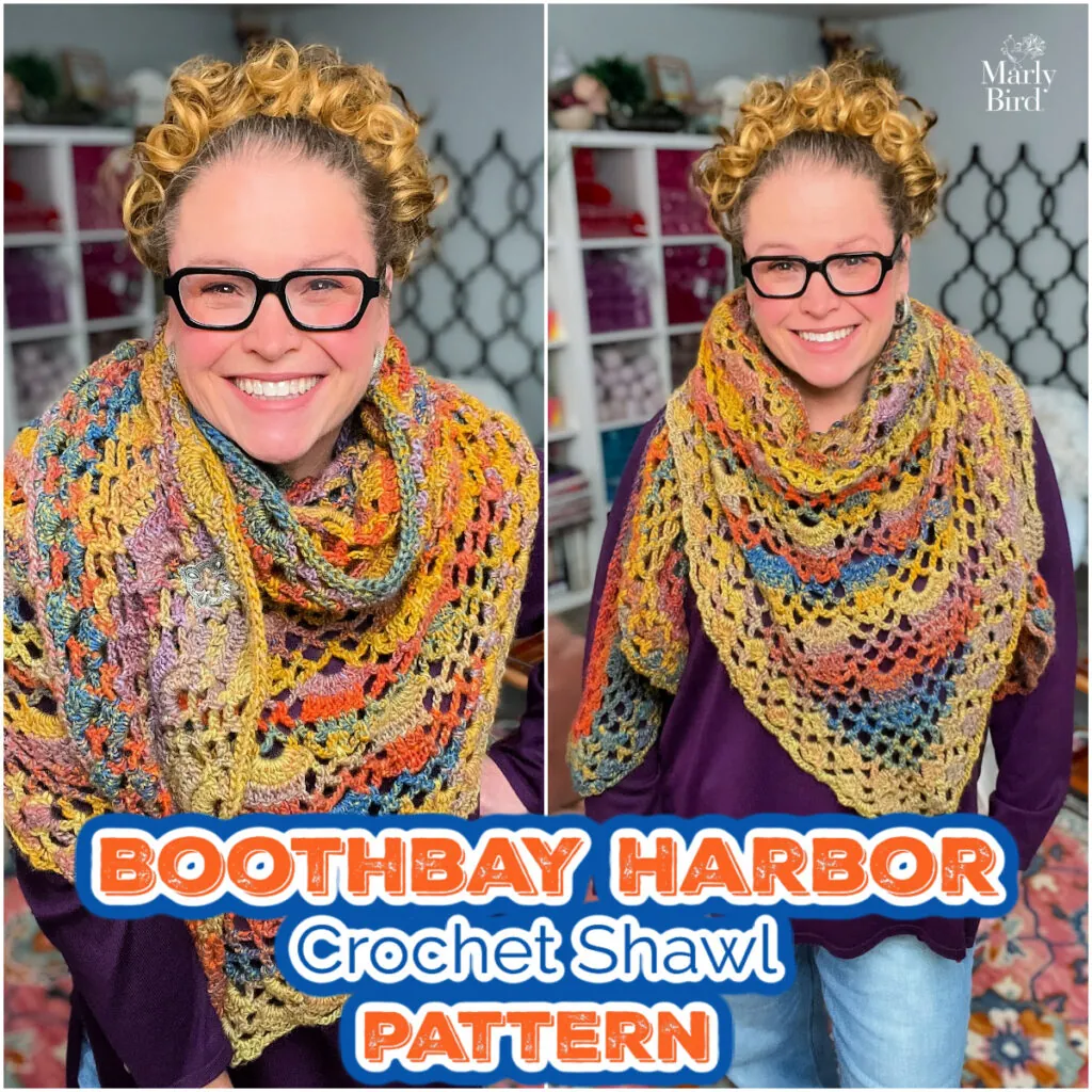 A woman wearing a beautifully crafted Boothbay Harbor Shawl, showcasing a lovely crochet shawl pattern inspired by Marly Bird. -Marly Bird