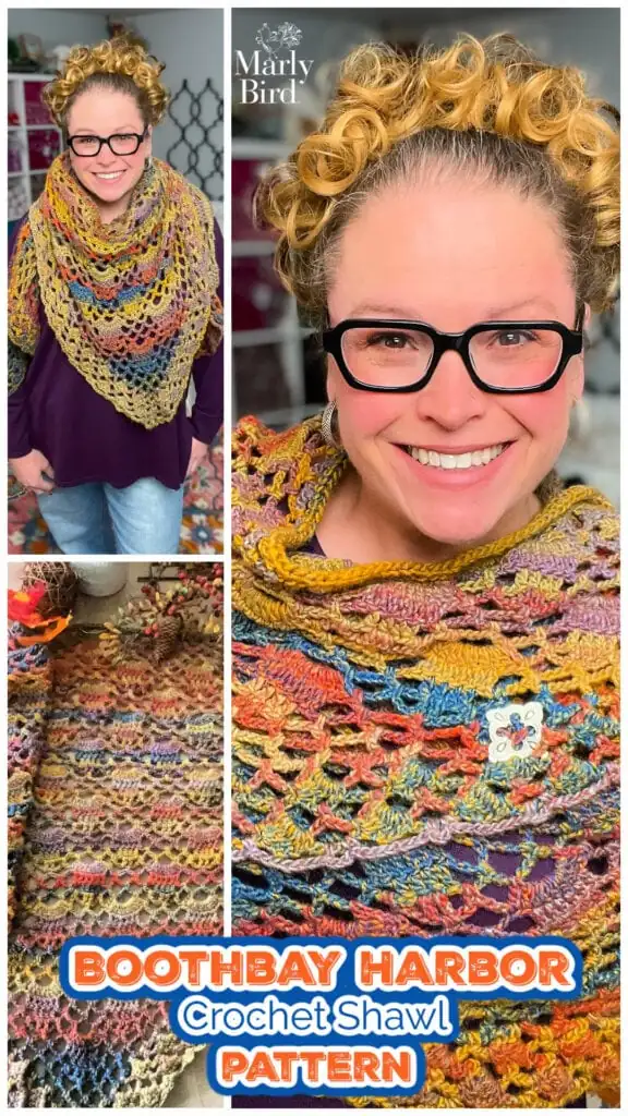 A smiling woman with curly hair and glasses models the vibrant Boothbay Harbor Shawl. Close-ups showcase its texture and detail. Text reads: "BOOTHBAY HARBOR Crochet Shawl Pattern. Marly Bird. -Marly Bird
