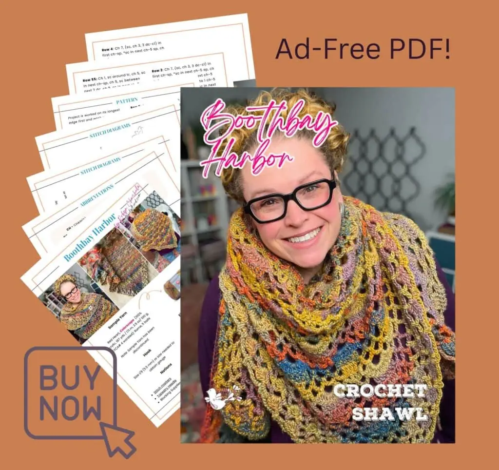 A smiling person wearing glasses models a colorful crochet shawl. PDF pattern pages for the Boothbay Harbor Shawl by Marly Bird are fanned out beside them, with text reading “Ad-Free PDF! Crochet Shawl Pattern.” A “Buy Now” button is in the corner. -Marly Bird