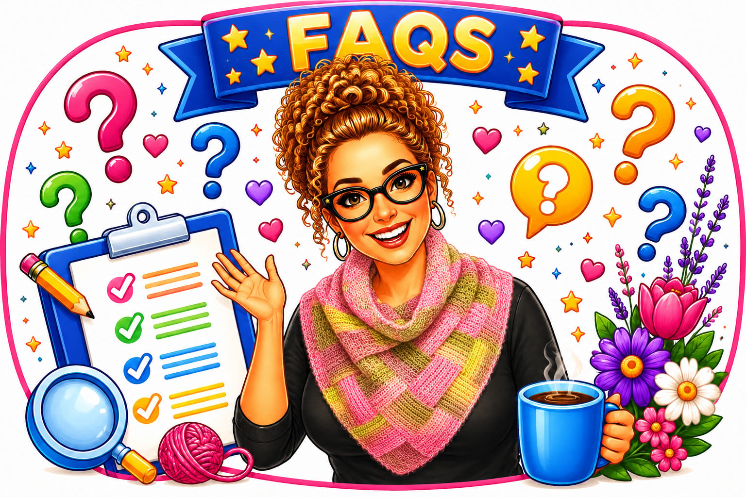 A woman waves while holding a mug, surrounded by yarn for the Boysenberry Bramble Cowl crochet project and a checklist.