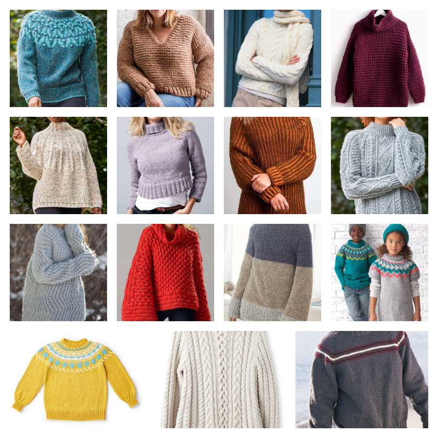 11 knit bulky sweaters in various shapes, lengths, and techniques - cables, solid, textured, circular yokes. Marly Bird