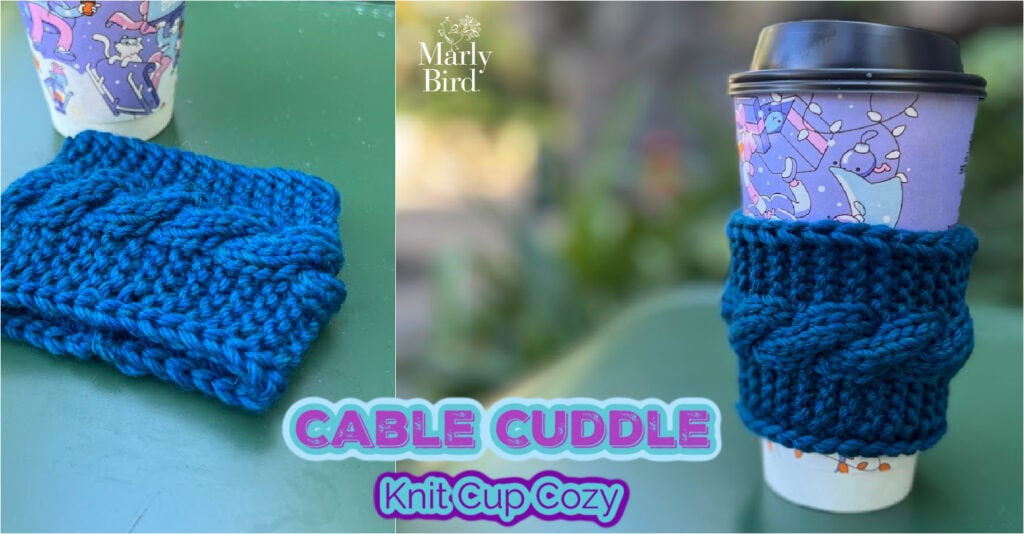Blue cable knit cup cozy shown flat and on a colorful cup, highlighting the detailed cable stitch and soft, textured finish.