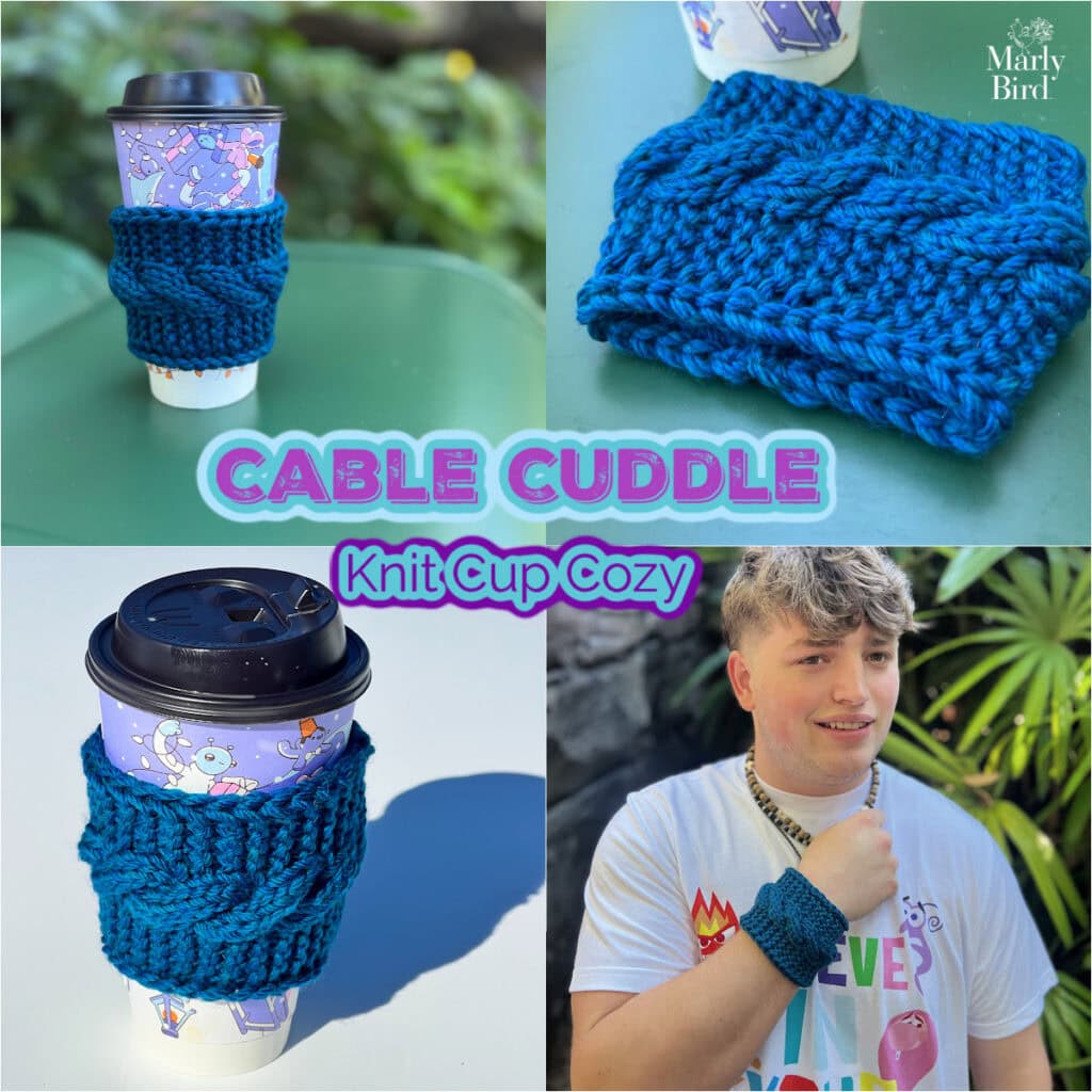 Blue hand-knit cable coffee sleeve shown on cup, flat, and worn on wrist; displays textured cable stitch detail.