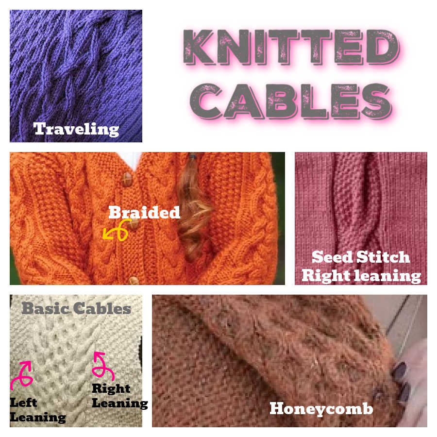 5 types of knitted cables: traveling, braided, seed stitch, basic left leaning and right leaning, and honeycomb. Marly Bird